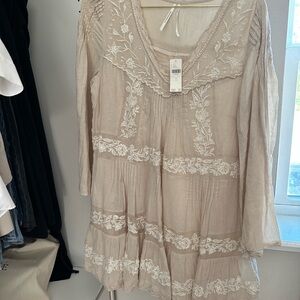 Long-Sleeve Embroidered Pintuck Swing Anthropology Mini Dress